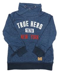 Tmavomodrá melírovaná mikina s nápisem a límečkem H&M