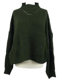 Dámský khaki ažurový crop oversized svetr se stojáčkem 
