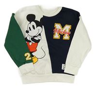 Bílo-tmavomodro-zelená mikina s Mickey Mousem 