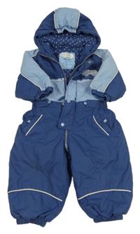 Tmavomodro-modrá šusťáková zimní kombinéza s ovečkami a kapucí 