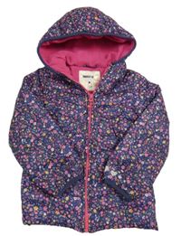 Tmavomodrá květovaná prošívaná šusťáková zateplená bunda s  kapucí Mothercare