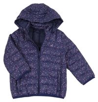 Tmavomodrá šusťáková zateplená bunda se srdíčky a kapucí 
