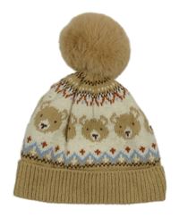 Hnědo-smetanová vzorovaná pletená čepice s medvědy a bambulí F&F