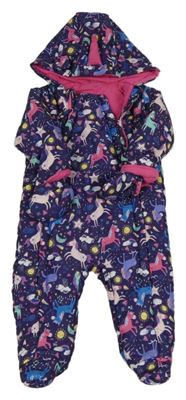 Tmavofialová šusťáková zimní kombinéza s jednorožci a kapucí + rukavice 