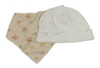 2set - bílá čepice s kvítky + béžový slinták s tlapkami 