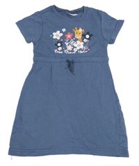 Modré teplákové šaty se žirafou a kytičkami