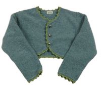 Modrošedé propínací svetrové bolerko se zeleným lemem