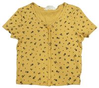 Pískové žebrované crop tričko s kytičkami H&M