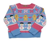 Modro-růžový svetr s perníčky a sněhuláky