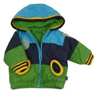 Zeleno-tmavmodro-světlemodrá šusťáková zimní bunda s kapucí 