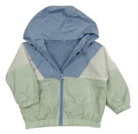 Khaki-modro-bílá šusťáková jarní bunda s kapucí 