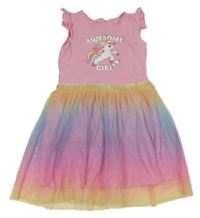 Růžovo-duhové šaty s jednorožcem a tylovou sukní 