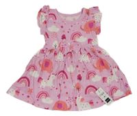 Nové - Růžové bavlněné šaty se zvířátky a duhami Dunnes