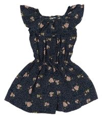 Tmavomodrý šifonový kraťasový overal s květy a puntíky Name it