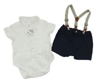 Nové - 2set - Bílá košilové body + tmavomodré plátěné kraťasy s kšandami Next