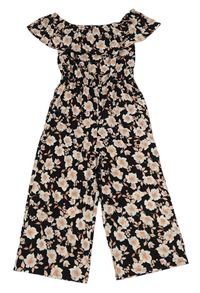 Černý květovaný kalhotový culottes overal s volánkem New Look