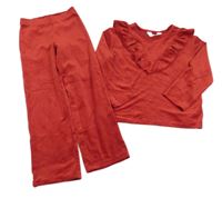 2Set - Červená plyšová mikina s volánkem + široké kalhoty H&M