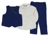 3Set - Safírová melírovaná slavnostní vesta + kalhoty + bílá vzorovaná košile PRIMARK
