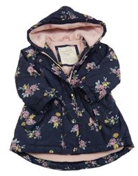 Tmavomodrá šusťáková pod/zimní parka s růžemi a kapucí Mothercare