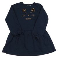 Tmavomodré teplákové šaty s kočičkou Vertbaudet