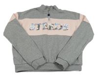 Šedo-pudrová melírovaná crop mikina s nápisem z překlápěcích flitrů STEEDS