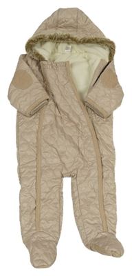 Béžová šusťáková zimní kombinéza s prošívanými srdíčky a kapucí s kožešinou Next