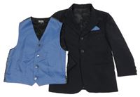 2Set - Černé sako + modro/tmavošedá károvaná vesta C&A