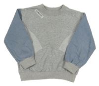 Šedo-světlemodro-modrá melírovaná teplákovo/riflová mikina s nášivkou