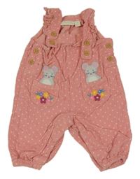 Růžové puntíkaté manšestrové laclové kalhoty s myšmi a květy a volánky Jojo Maman Bébé