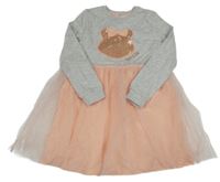 Šedo-broskvové teplákovo/tylové šaty s medvídkem Blush s flitry George