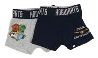 2x - Trenýrky s erbem a nápisy - Harry Potter - Šedé melírované, tmavomodré 