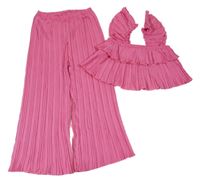 2set - Růžový plisovaný halenkový crop top + palazzo kalhoty Shein 