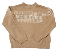 Hnědobéžový pletený svetr s nápisem a srdíčky a vločkami H&M