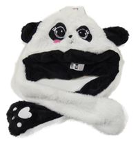 Nové - bílo-černá chlupatá zateplená čepice - panda St. Bernard