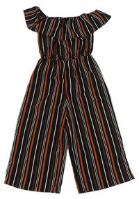 Černo-bílo-oranžový pruhovaný kalhotový overal s volánem New Look