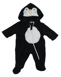Černo-bílá chlupatá kombinéza s kapucí - tučňák