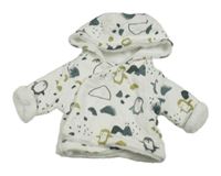 Bílá prošívaná zateplená propínací mikina s tučňáky a kapucí