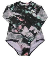 Černo-lila-tyrkysové batikované UV plavky s palmami H&M