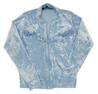 Světlemodrá sametová propínací mikina s volánky