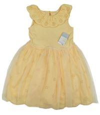 Nové - Žluté bavlněno/tylové šaty s límečkem s madeirou Primark