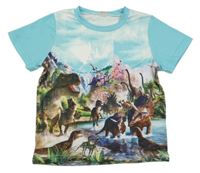 Světlemodro-zeleno-hnědé tričko s dinosaury