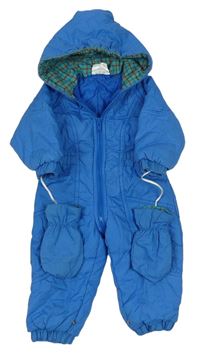 Modrá šusťáková zimní kombinéza s kapucí a rukavicemi