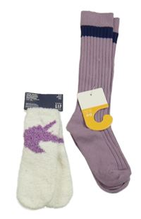 Nové - 2x set - fialové žebrované podkolenky + bílo-fialové chlupaté ponožky