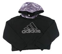 Černo-fialová crop mikina s logem a šusťákovou kapucí Adidas