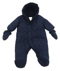 Tmavomodrá šusťáková prošívaná zimní kombinéza s kapucí + rukavice M&S