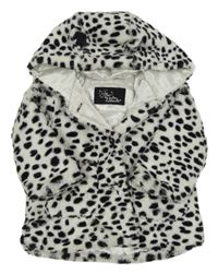 Bílo-černý puntíkatý kožešinový podšitý kabátek s kapucí 