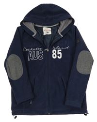 Tmavomodrá fleecová propínací mikina s nápisy a kapucí 