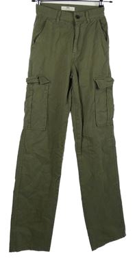 Dámské khaki plátěné kalhoty s kapsami Stradivarius vel. 32