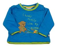 Azurovo-zelená mikia s medvědem a nápisem Liegelind