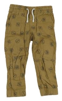 Béžové plátěné cuff kalhoty s nápisy so cute